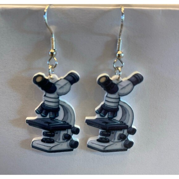 Earrings Microscope Science Lab  Dangle Germs Slides Cells Electron Lens School - Picture 1 of 5